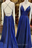 A Line V Neck Royal Blue Backless Formal Prom Dresses, Royal Blue Backless Formal Bridesmaid Dresses