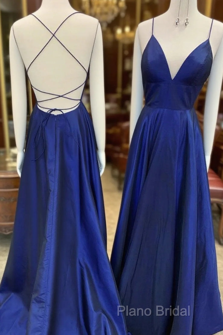 A Line V Neck Royal Blue Backless Formal Prom Dresses, Royal Blue Backless Formal Bridesmaid Dresses Main image