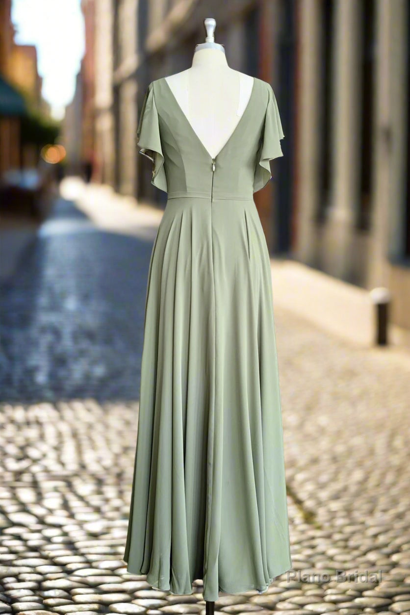 A-line V-neck Ruffle Sleeves Pleats Chiffon Bridesmaid Dress with Ruffles