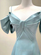 A-Line V Neck Satin Blue Long Formal Prom Dresses, Blue Formal Evening Dresses