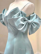 A-Line V Neck Satin Blue Long Formal Prom Dresses, Blue Formal Evening Dresses