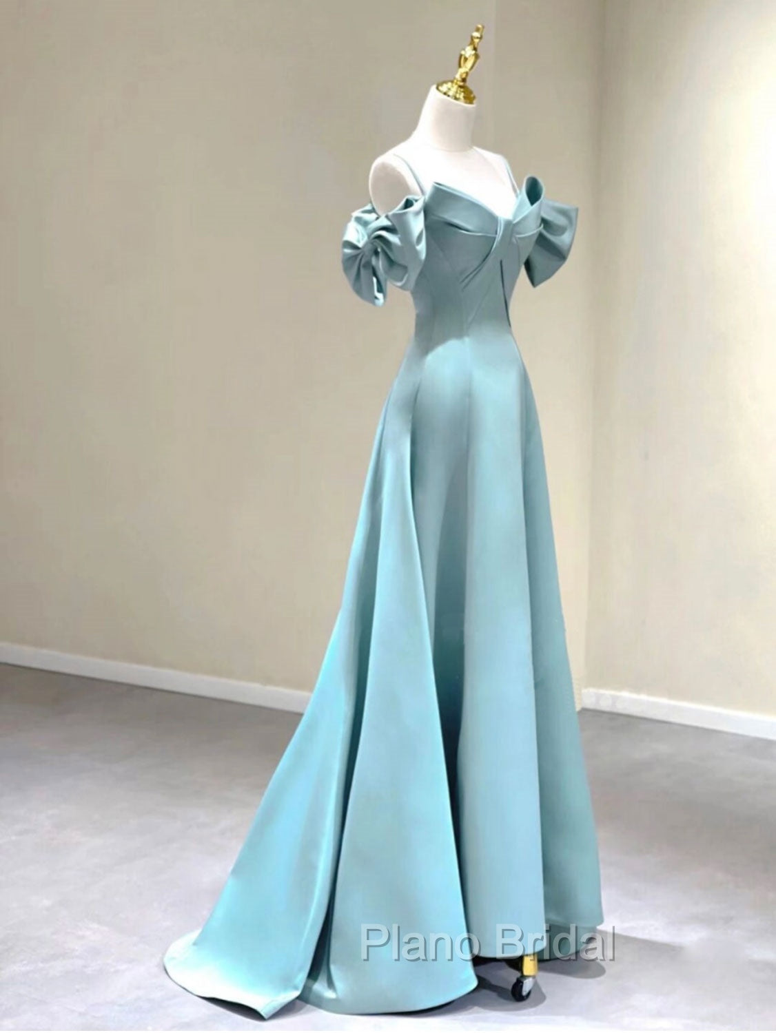 A-Line V Neck Satin Blue Long Formal Prom Dresses, Blue Formal Evening Dresses
