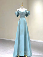 A-Line V Neck Satin Blue Long Formal Prom Dresses, Blue Formal Evening Dresses