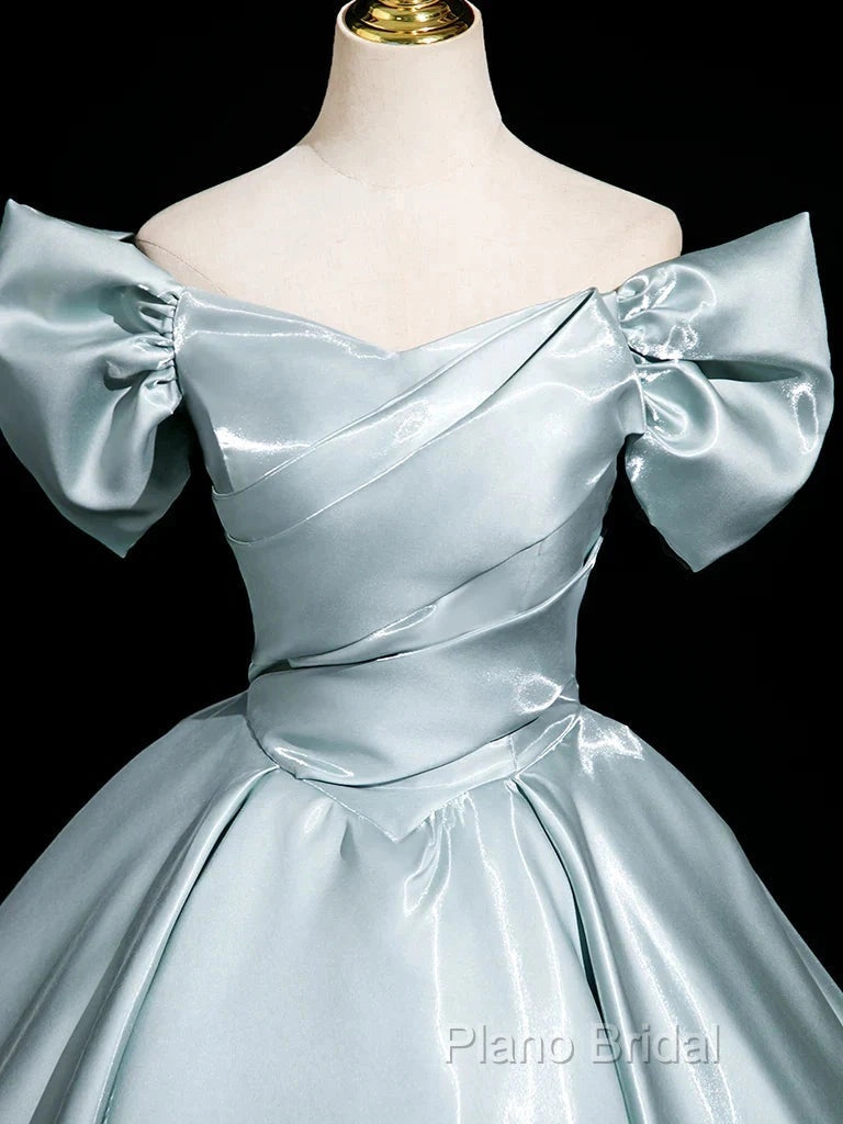 A-Line V Neck Satin Blue Long Formal Prom Dresses, Blue Long Formal Dresses