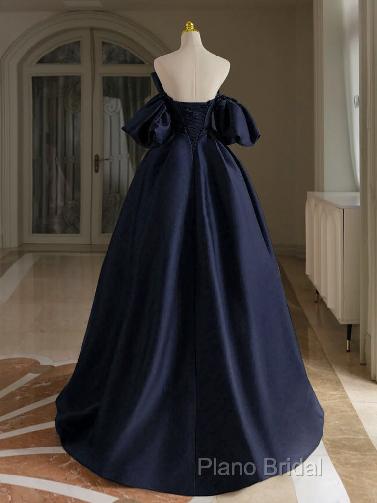 A-Line V Neck Satin Dark Blue Long Formal Prom Dresses, Dark Blue Long Formal Dresses Secondary image