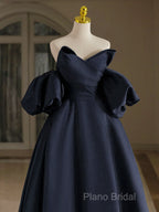 A-Line V Neck Satin Dark Blue Long Formal Prom Dresses, Dark Blue Long Formal Dresses