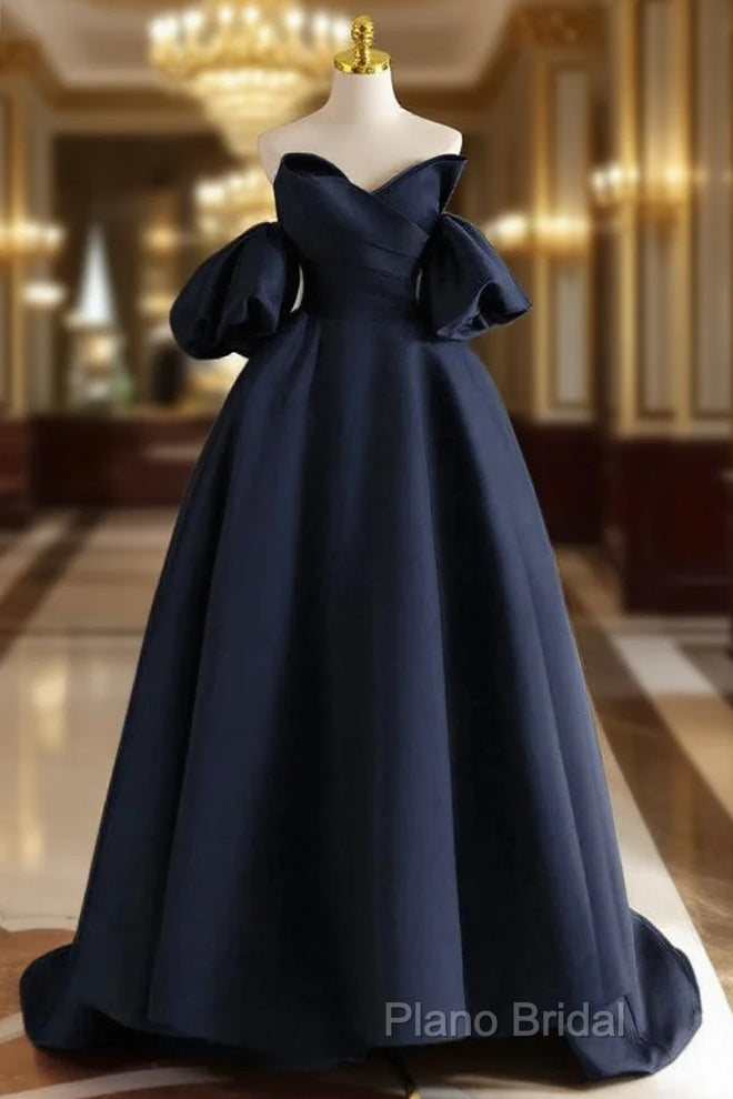 A-Line V Neck Satin Dark Blue Long Formal Prom Dresses, Dark Blue Long Formal Dresses