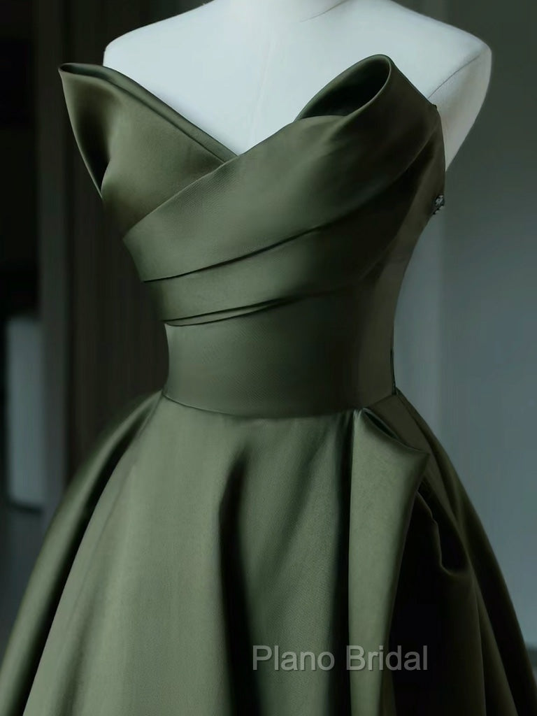 A-Line V Neck Satin Green Long Formal Prom Dresses, Green Long Evening Dresses Secondary image