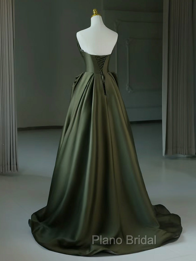 A-Line V Neck Satin Green Long Formal Prom Dresses, Green Long Evening Dresses