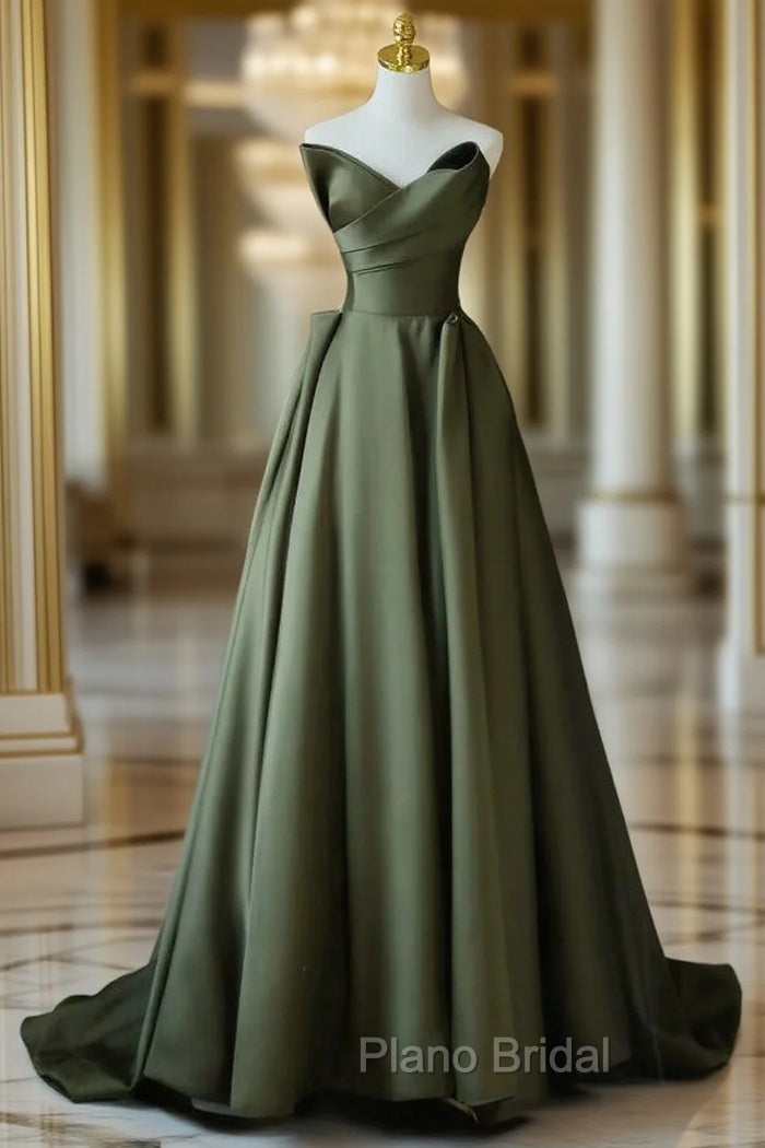 A-Line V Neck Satin Green Long Formal Prom Dresses, Green Long Evening Dresses Main image