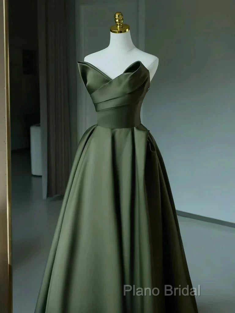 A-Line V Neck Satin Green Long Formal Prom Dresses, Green Long Formal Dresses Secondary image