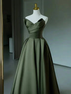 A-Line V Neck Satin Green Long Formal Prom Dresses, Green Long Formal Dresses