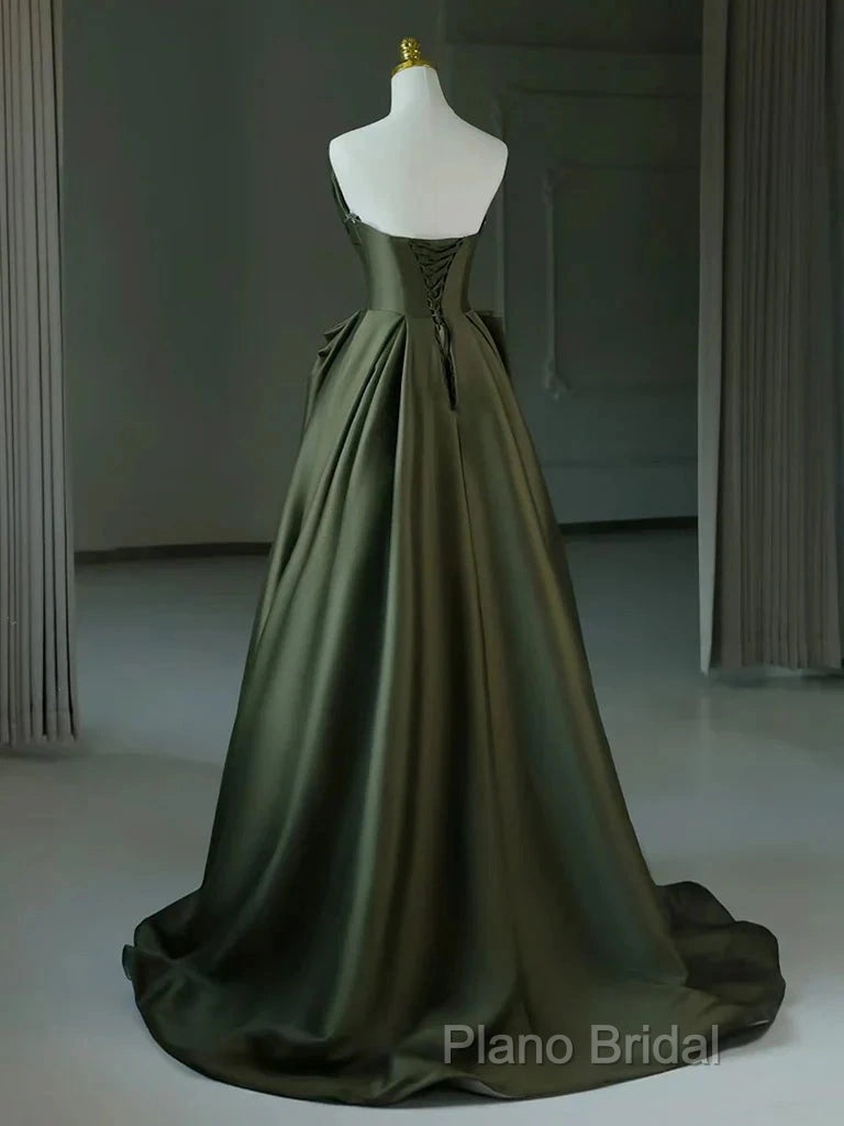 A-Line V Neck Satin Green Long Formal Prom Dresses, Green Long Formal Dresses