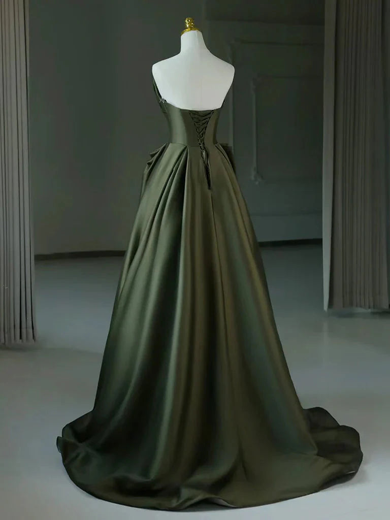 A-Line V Neck Satin Green Long Formal Prom Dresses, Green Long Formal Dresses