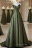 A-Line V Neck Satin Green Long Formal Prom Dresses, Green Long Formal Dresses