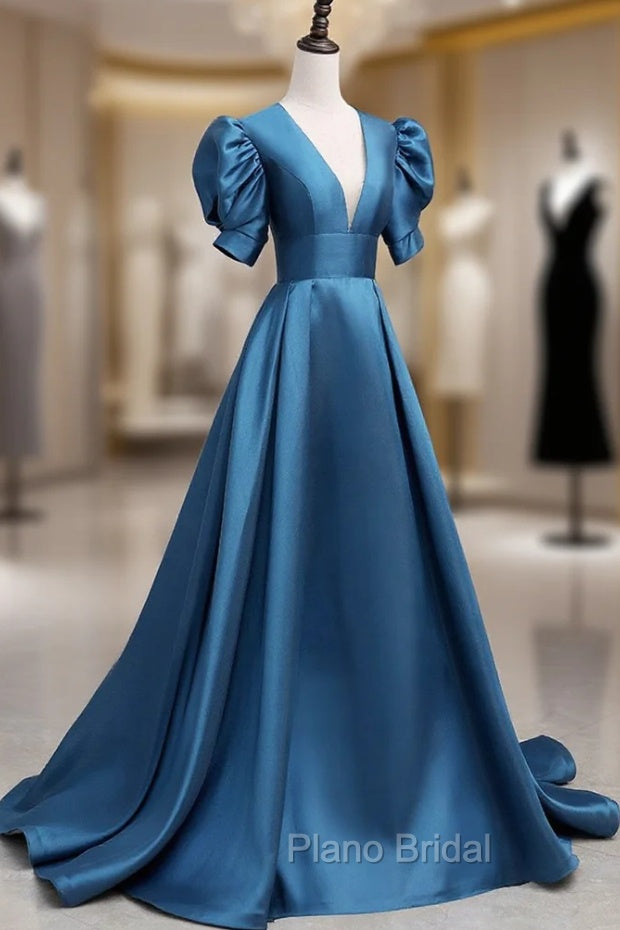 A-Line V Neck Satin Long Formal Prom Dresses, Blue Satin Long Evening Dresses Secondary image