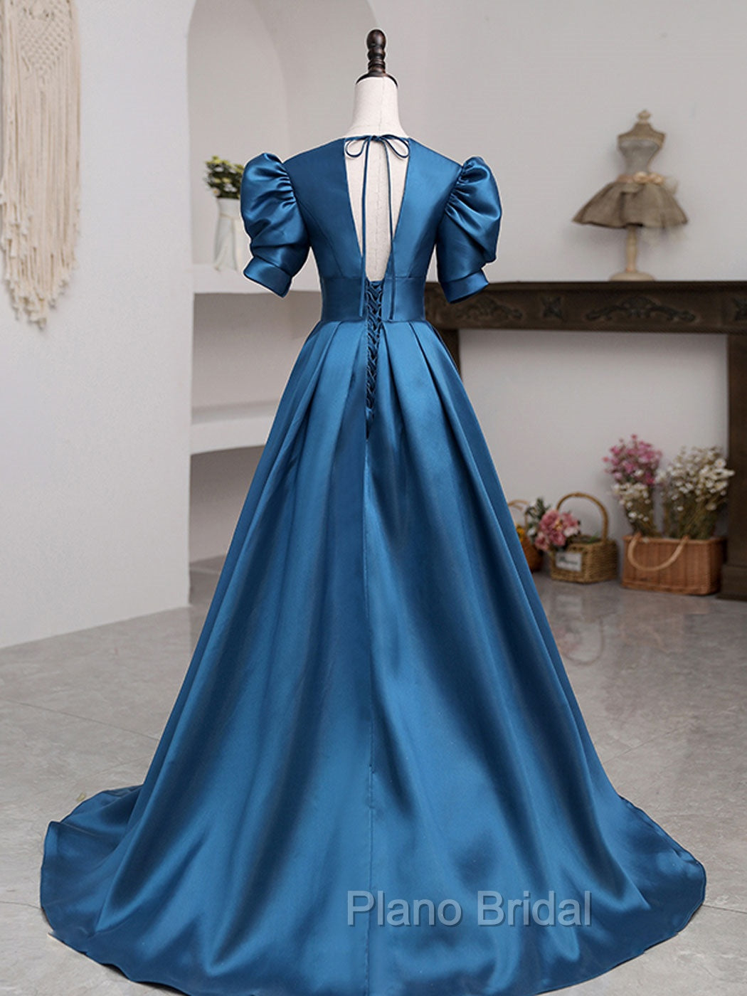 A-Line V Neck Satin Long Formal Prom Dresses, Blue Satin Long Evening Dresses