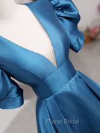 A-Line V Neck Satin Long Formal Prom Dresses, Blue Satin Long Evening Dresses