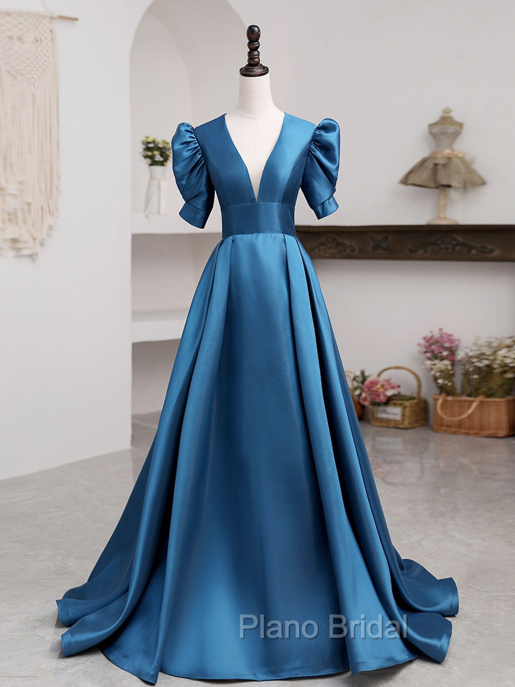 A-Line V Neck Satin Long Formal Prom Dresses, Blue Satin Long Evening Dresses Main image