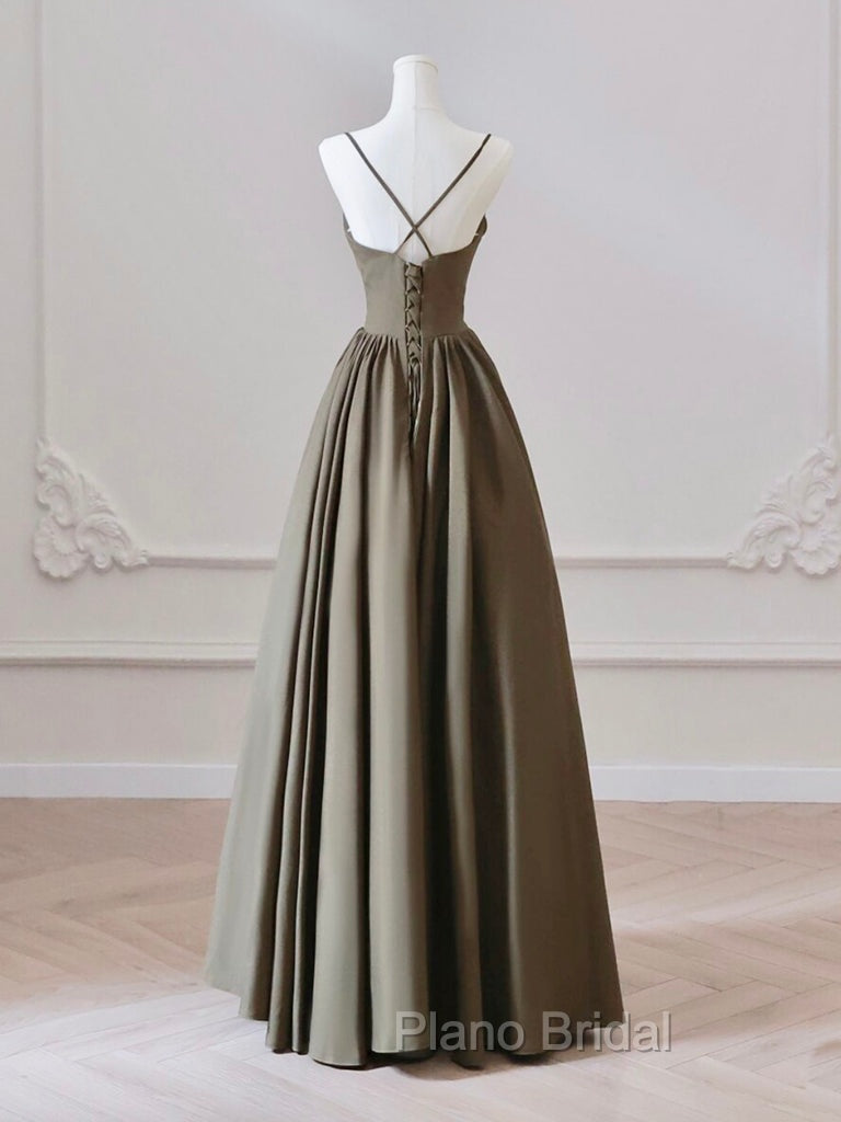 A-Line V Neck Satin Olive Green Long Formal Prom Dresses, Olive Green Long Formal Dresses Secondary image