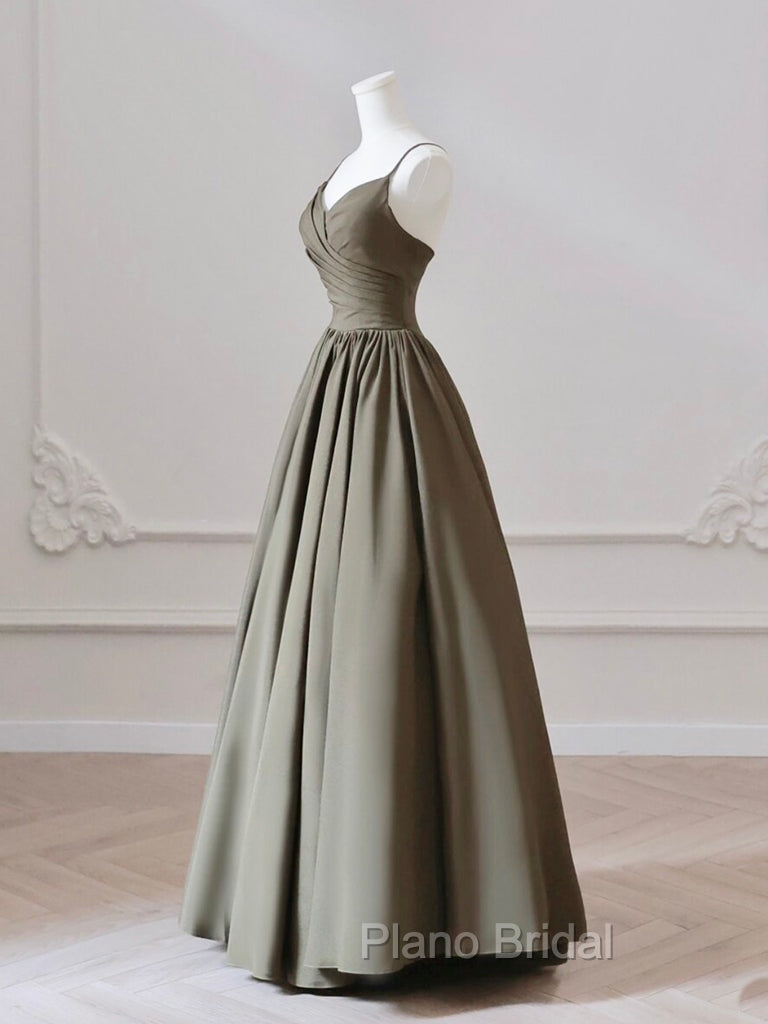 A-Line V Neck Satin Olive Green Long Formal Prom Dresses, Olive Green Long Formal Dresses