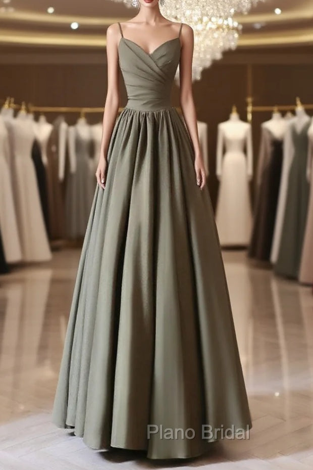 A-Line V Neck Satin Olive Green Long Formal Prom Dresses, Olive Green Long Formal Dresses Main image