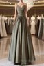 A-Line V Neck Satin Olive Green Long Formal Prom Dresses, Olive Green Long Formal Dresses