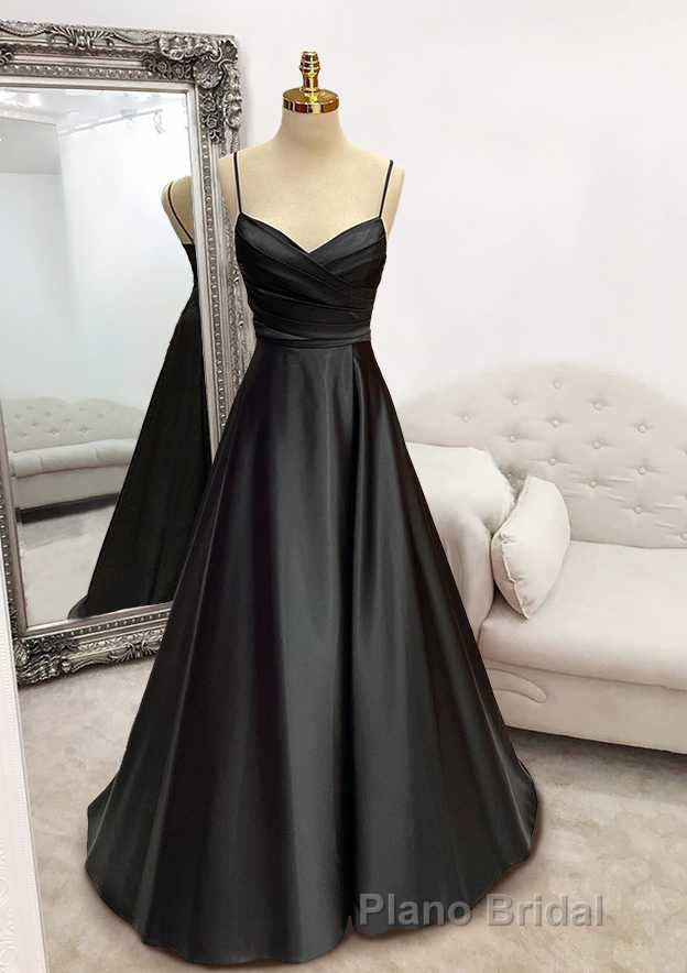 A-line Sweetheart Spaghetti Straps Satin Long Formal Prom Dresses with Pleated Secondary image