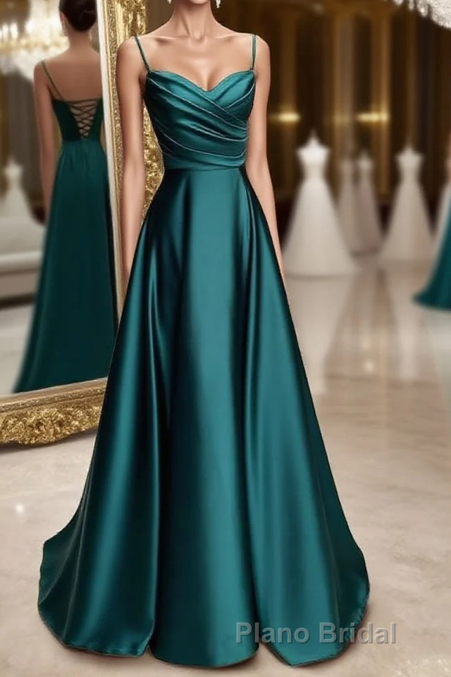 A-line Sweetheart Spaghetti Straps Satin Long Formal Prom Dresses with Pleated Main image