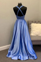 A-Line V Neck Satin Unique Long Formal Prom Dresses Formal Gowns