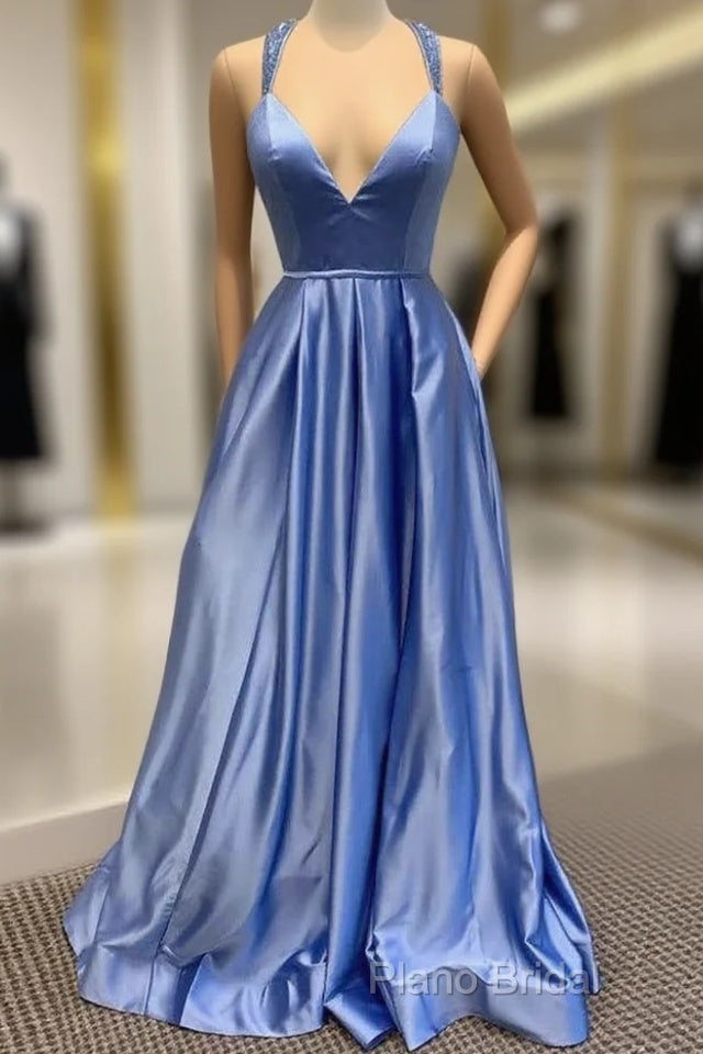 A-Line V Neck Satin Unique Long Formal Prom Dresses Formal Gowns Main image