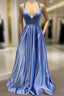 A-Line V Neck Satin Unique Long Formal Prom Dresses Formal Gowns
