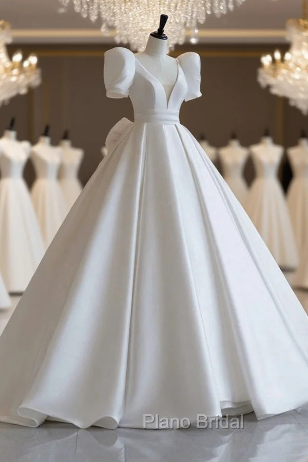 A-Line V-Neck Satin Wedding Dresses, White Short Sleeve Bridal Gown with Bow Main image