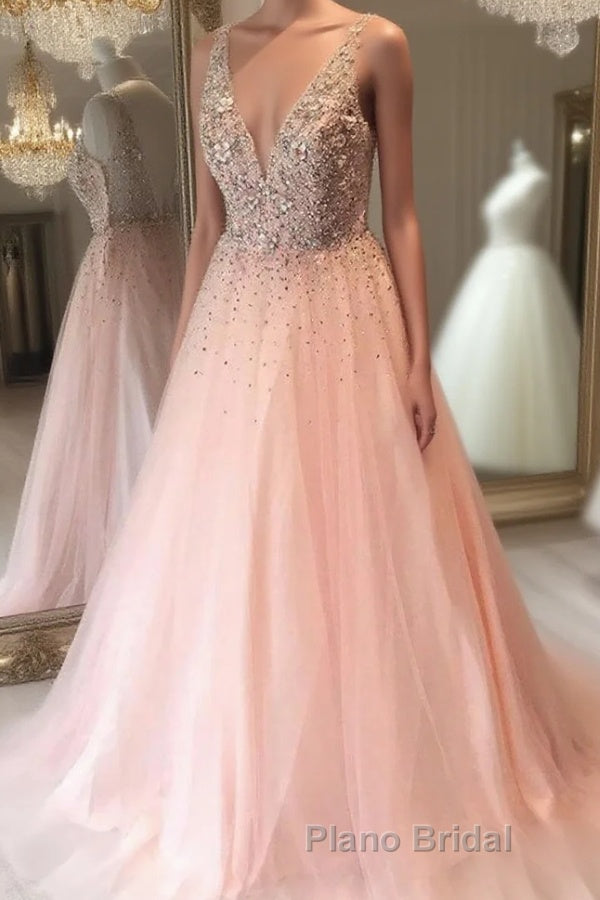 A Line V Neck Sequins Pink Long Formal Prom Dress, Pink Formal Graduation Evening Dress Main image