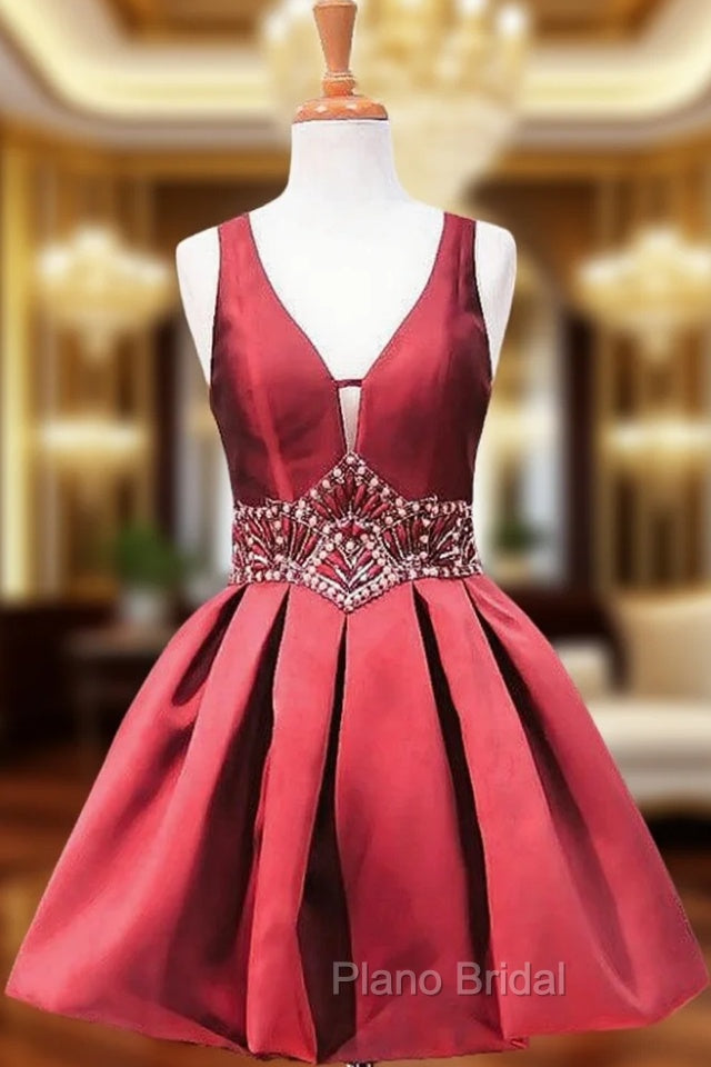 A-line V-neck Sheer Back Beaded Crystals Homecoming Dresses Main image