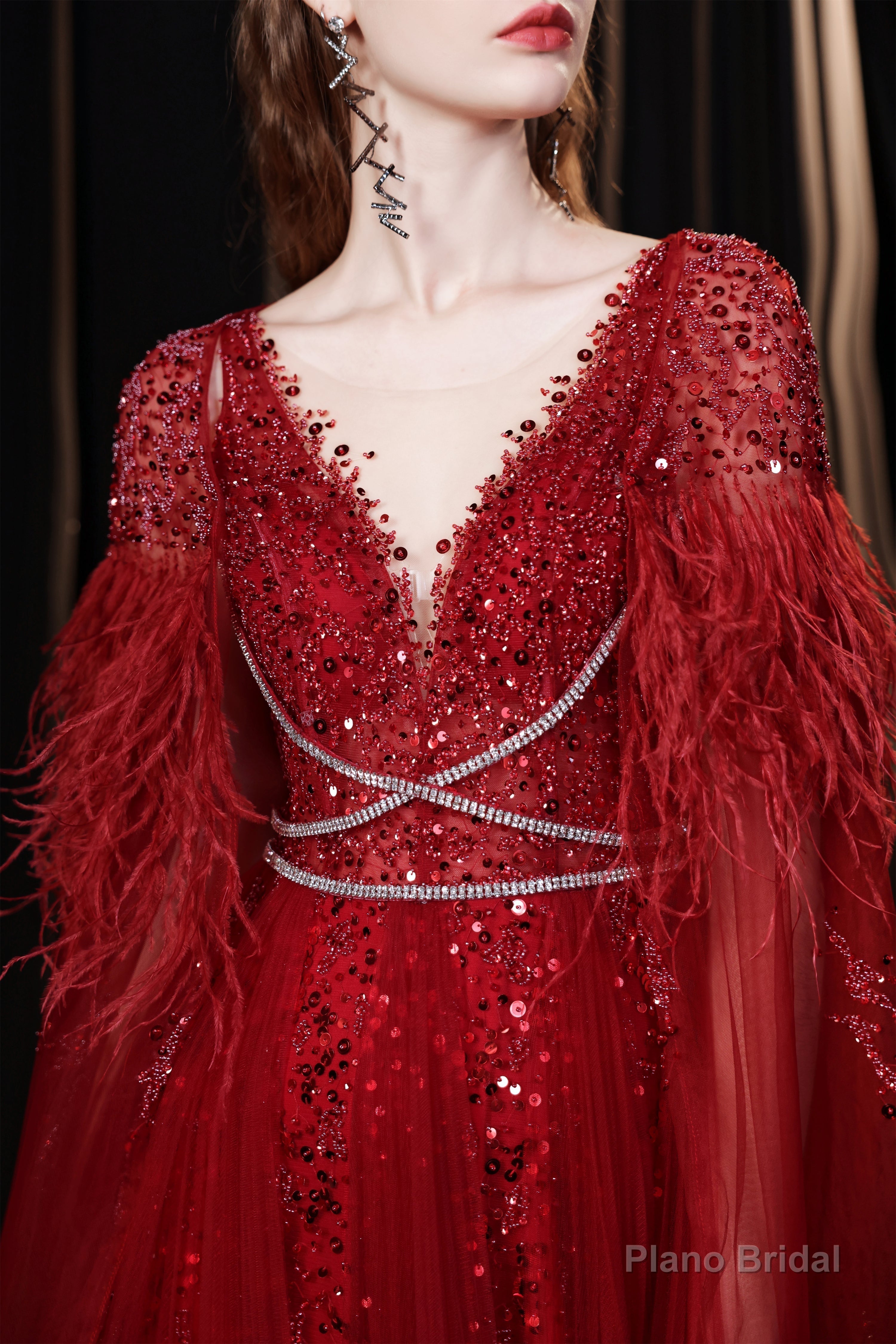 A Line V-neck Shiny Sequin Beaded Prom Dresses