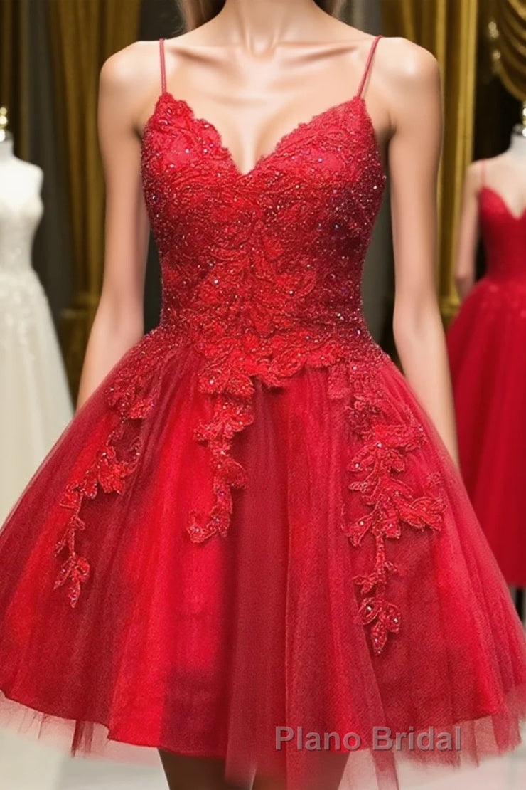 A Line V Neck Short Backless Red Lace Formal Prom Dresses, Short Red Backless Lace Formal Homecoming Dresses