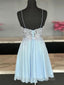 A Line V Neck Short Blue Lace Formal Prom Dresses, Short Blue Lace Formal Homecoming Dresses