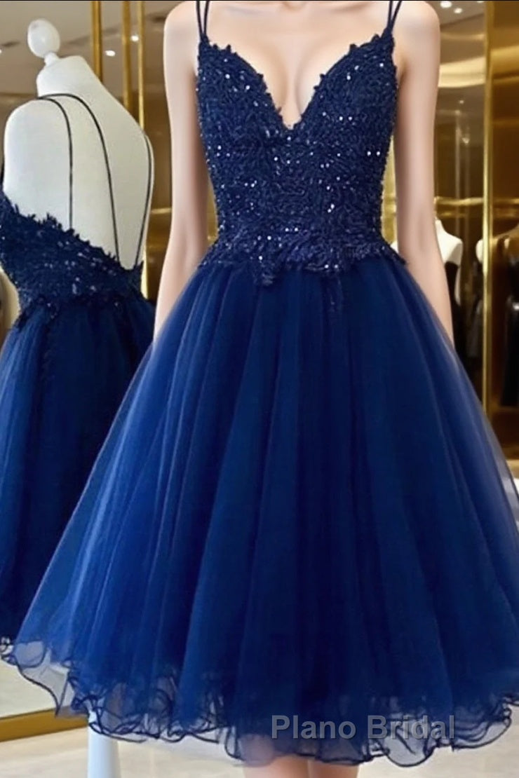 A Line V Neck Short Blue Formal Prom Dresses, Short Blue Lace Graduation Homecoming Dresses Main image