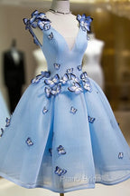 A Line V Neck Short Blue Formal Prom Dresses with Butterfly, Short Blue Formal Homecoming Dresses