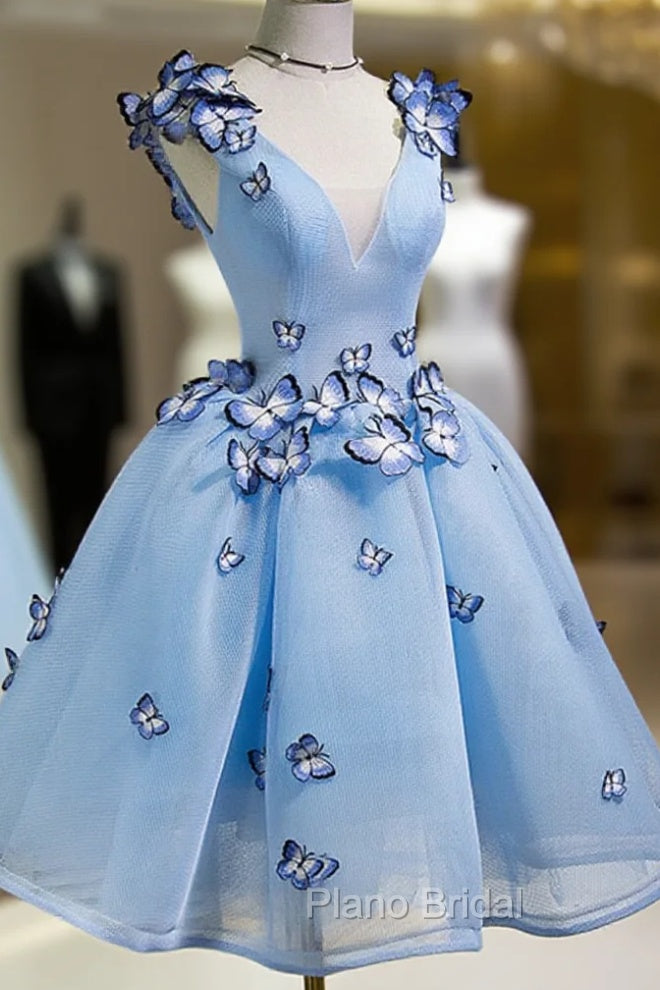 A Line V Neck Short Blue Formal Prom Dresses with Butterfly, Short Blue Formal Homecoming Dresses