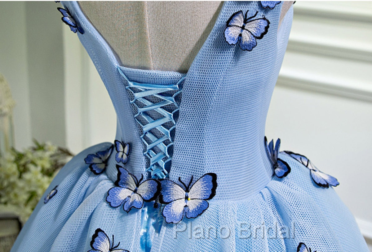 A Line V Neck Short Blue Formal Prom Dresses with Butterfly, Short Blue Formal Homecoming Dresses