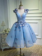A Line V Neck Short Blue Formal Prom Dresses with Butterfly, Short Blue Formal Homecoming Dresses