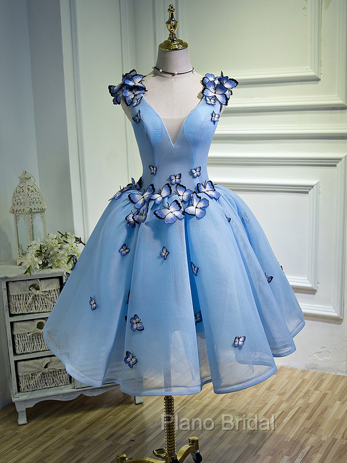 A Line V Neck Short Blue Formal Prom Dresses with Butterfly, Short Blue Formal Homecoming Dresses