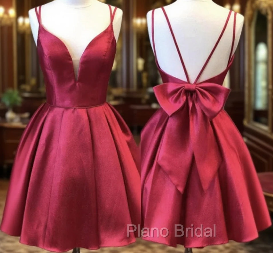 A Line V Neck Short Burgundy Backless Formal Prom Dresses, Short Wine Red Formal Homecoming Dresses