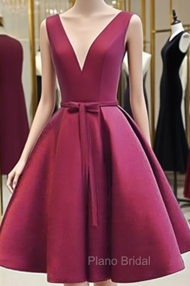 A Line V Neck Short Burgundy Formal Prom Dresses, Short V Neck Wine Red Graduation Homecoming Dresses Main image