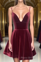 A Line V Neck Short Burgundy Formal Prom Dresses, Short Wine Red Formal Homecoming Dresses