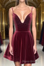 A Line V Neck Short Burgundy Formal Prom Dresses, Short Wine Red Formal Homecoming Dresses