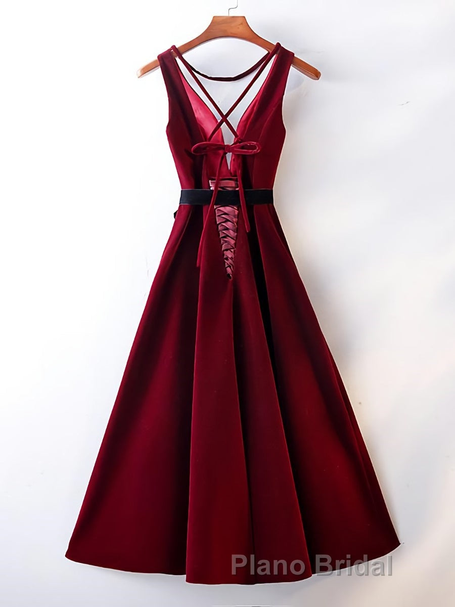 A Line V Neck Short Burgundy Formal Prom Dresses, Wine Red Short Formal Graduation Homecoming Dresses Secondary image