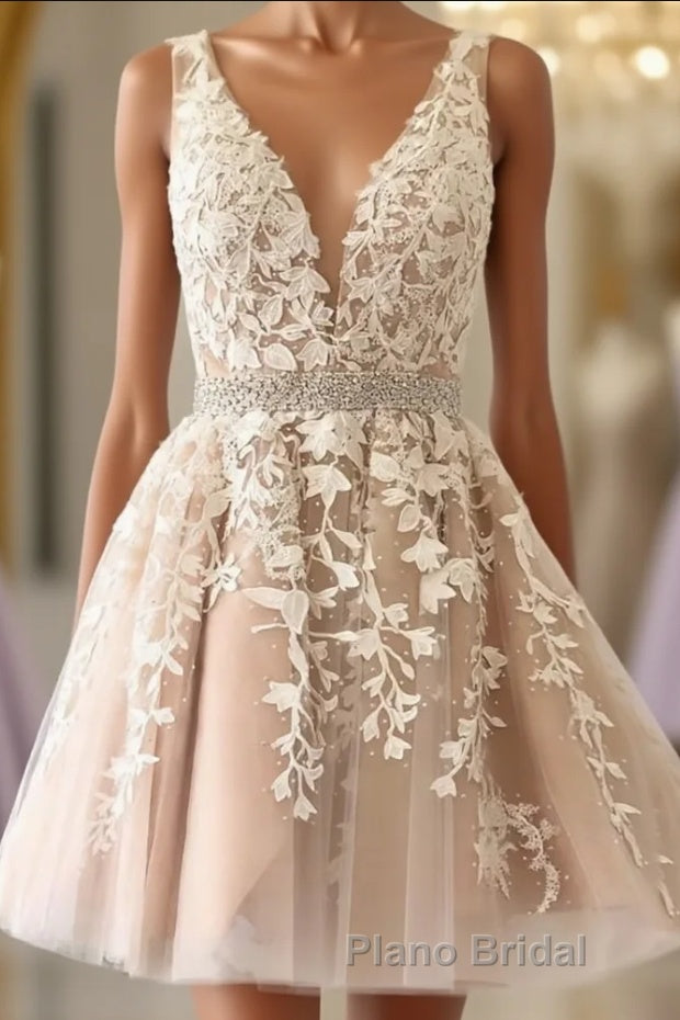 A Line V Neck Short Champagne Lace Wedding Dresses, Short Champagne Lace Formal Formal Prom Dresses Main image